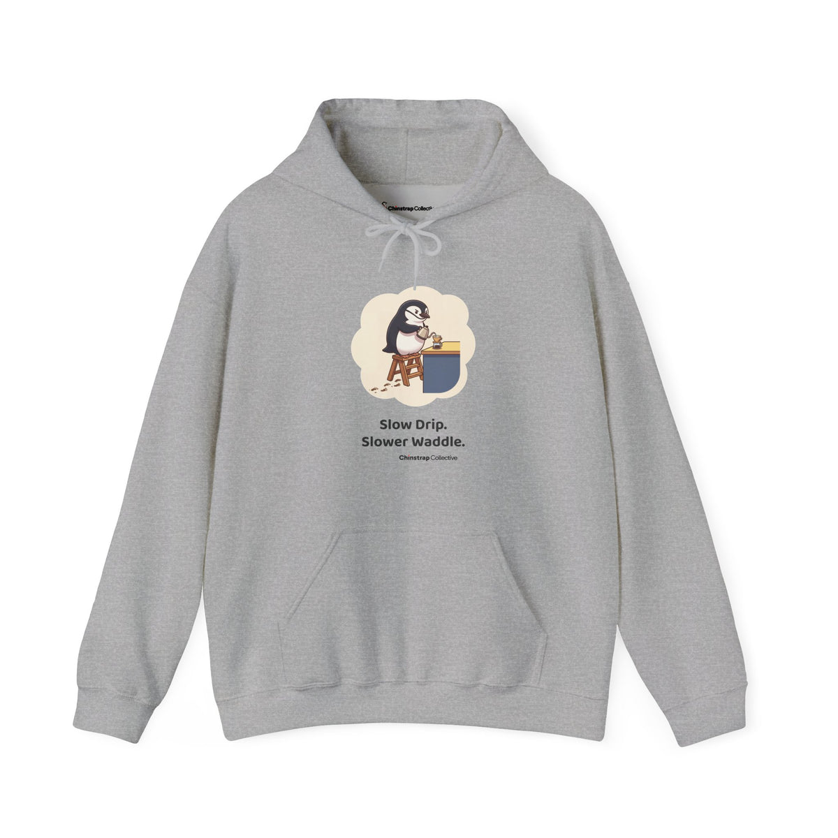 Pour-Over Patience penguin hoodie in Sport Grey: A chinstrap penguin balances