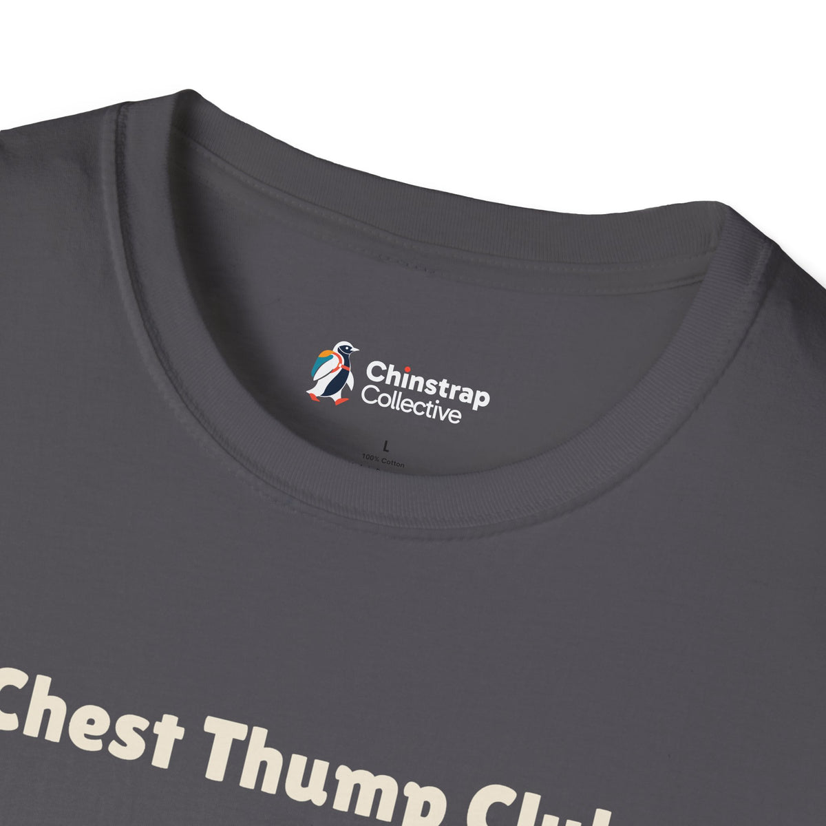 The Chinstrap Collective neck label on the Chest Thump Club T-shirt in Charcoal