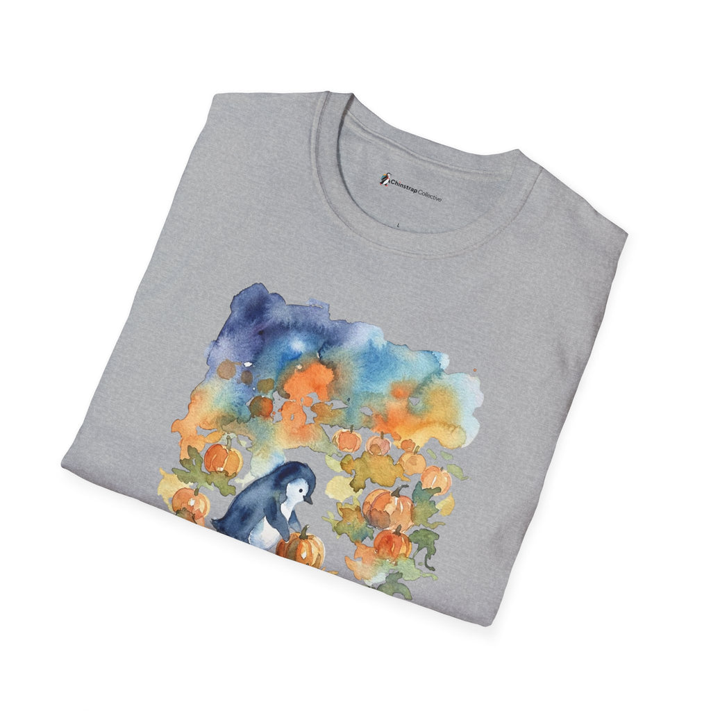 The Pumpkin Picking Penguin T-shirt in Sport Grey, folded