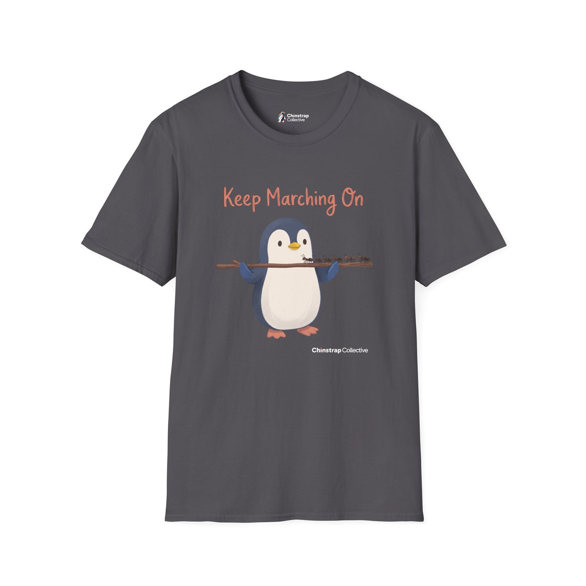 Keep Marching On penguin T-shirt in Charcoal: The penguin carries a long stick across its flippers while a line of ants…