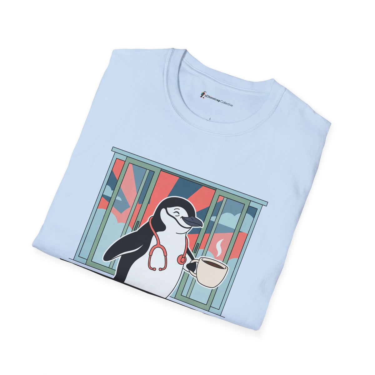 The Post-Shift Waddle T-shirt in Light Blue, folded