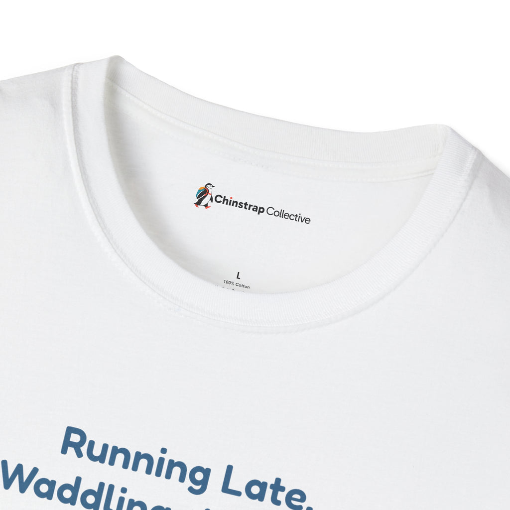 The Chinstrap Collective neck label on the Waddling T-shirt in White