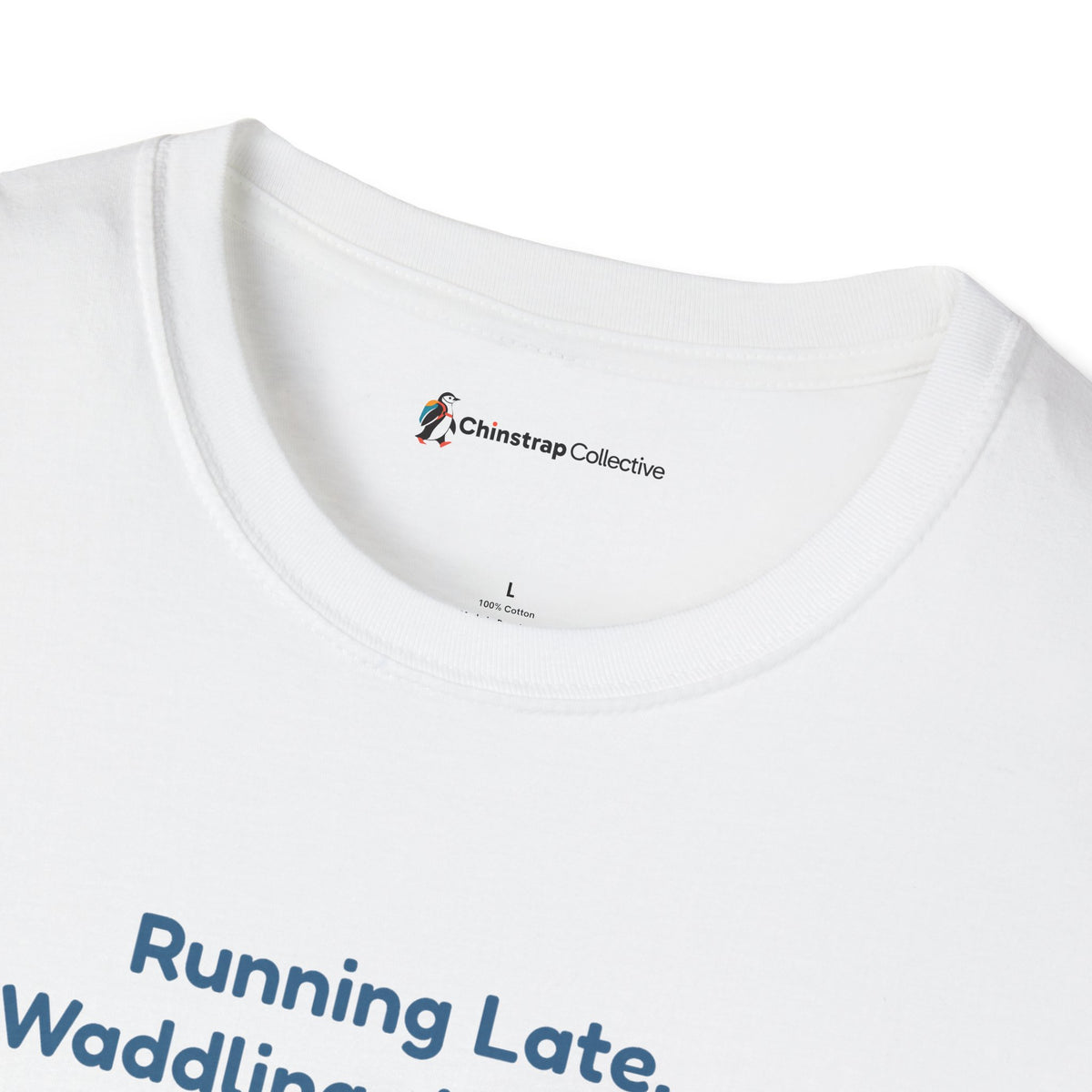 The Chinstrap Collective neck label on the Waddling T-shirt in White