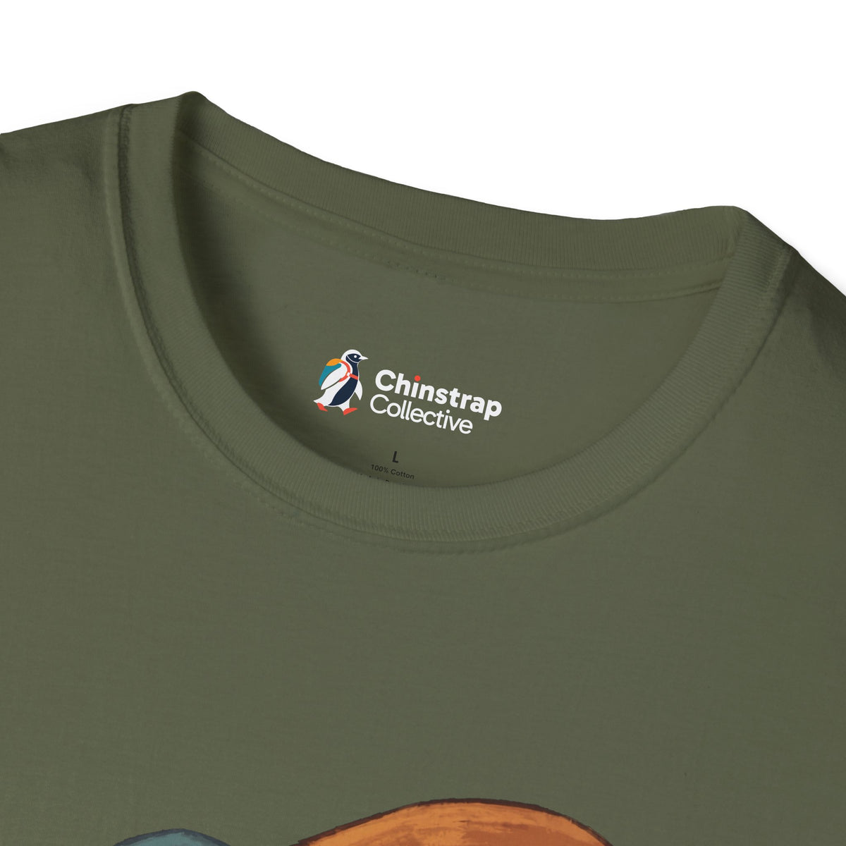 The Chinstrap Collective neck label on the Take It Slow T-shirt in Military Green