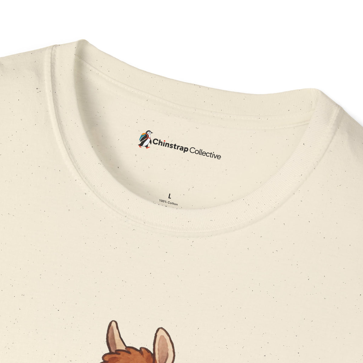 The Chinstrap Collective neck label on the ¿Cómo Te Llama? T-shirt in Natural