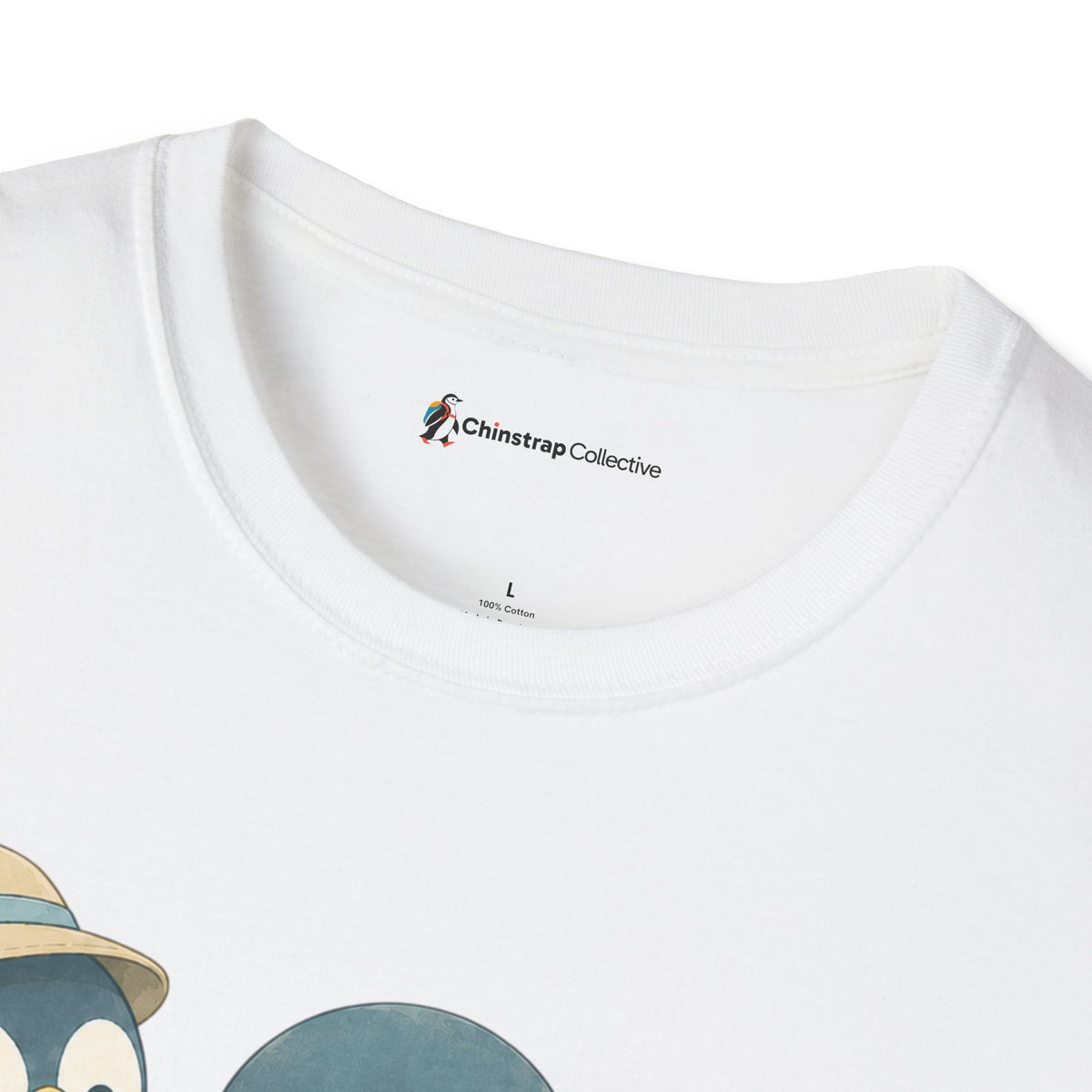 The Chinstrap Collective neck label on the Penguin Hiking Trio T-shirt in White