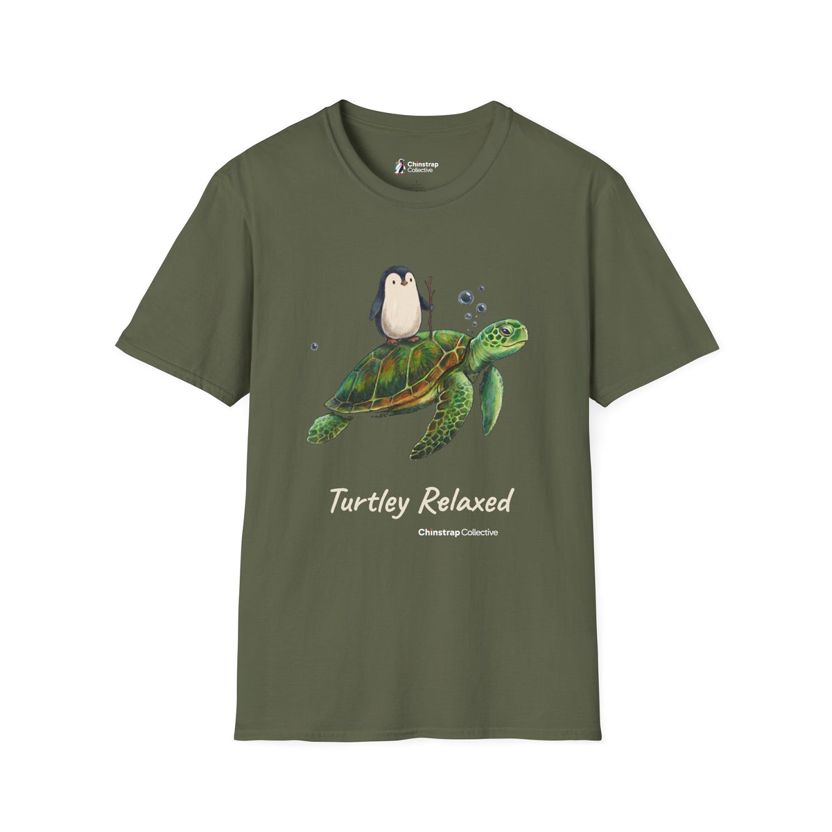 Turtley Relaxed penguin T-shirt in Military Green: His painting printed as he made it: the penguin, a walking stick in…
