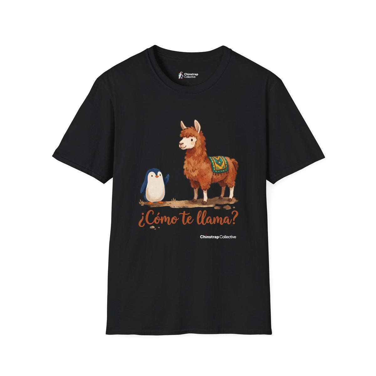 ¿Cómo Te Llama? penguin T-shirt in Black: The penguin waves hello to a fluffy llama wearing a woven saddle blanket.…