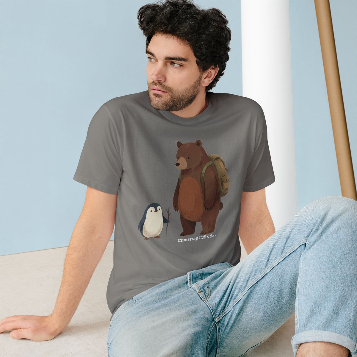 The Bear and Penguin Hike T-shirt in Granite, worn outdoors