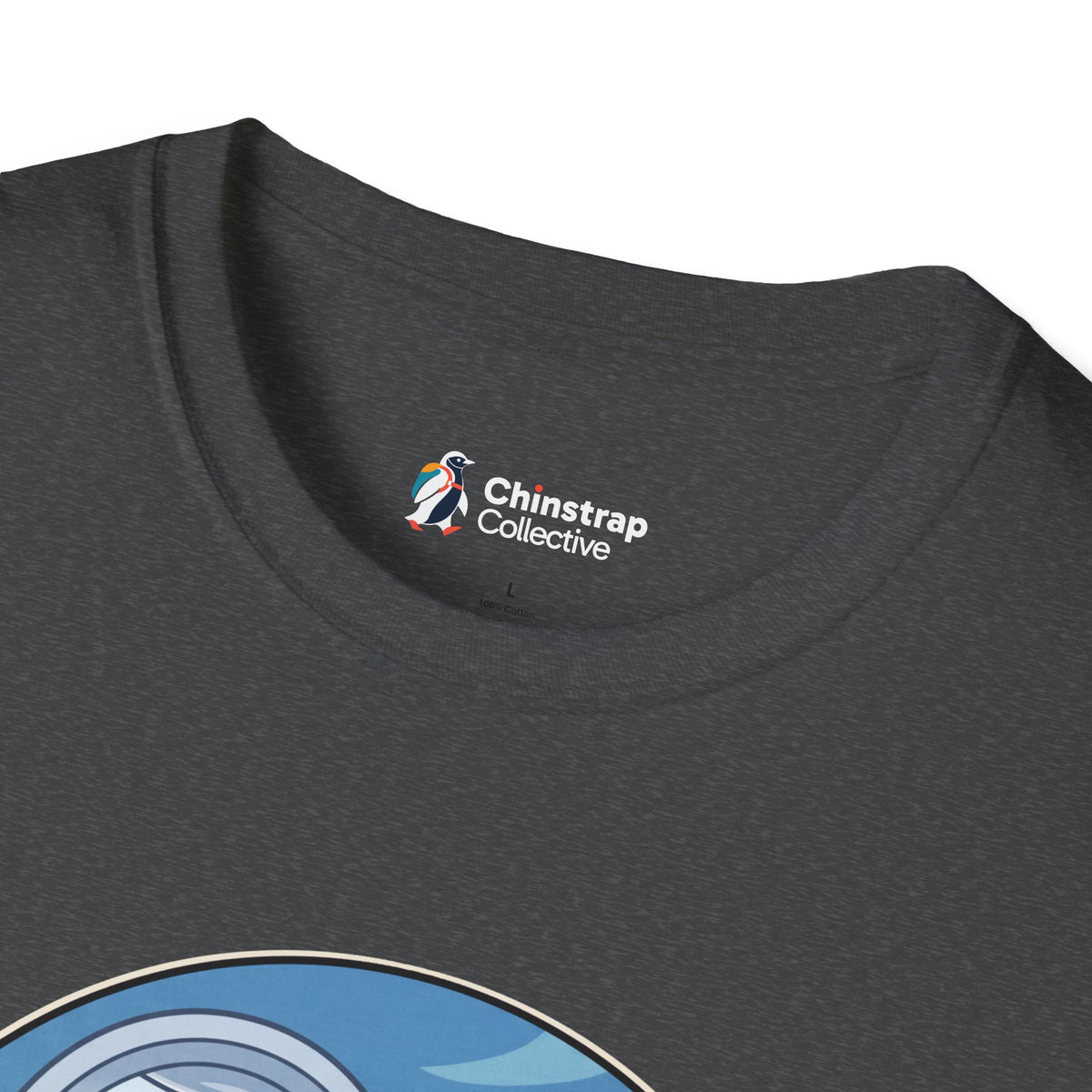 The Chinstrap Collective neck label on the Window Seat T-shirt in Dark Heather