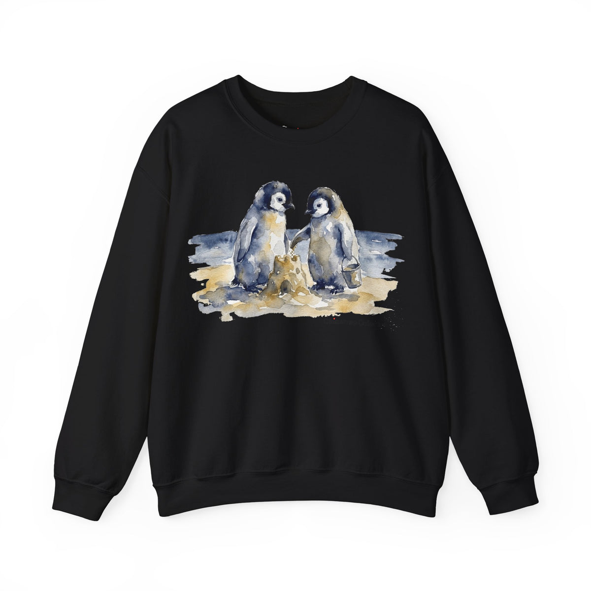 Sandcastle Penguin Chicks penguin sweatshirt in Black: The front print is a soft watercolor in navy, slate grey and…