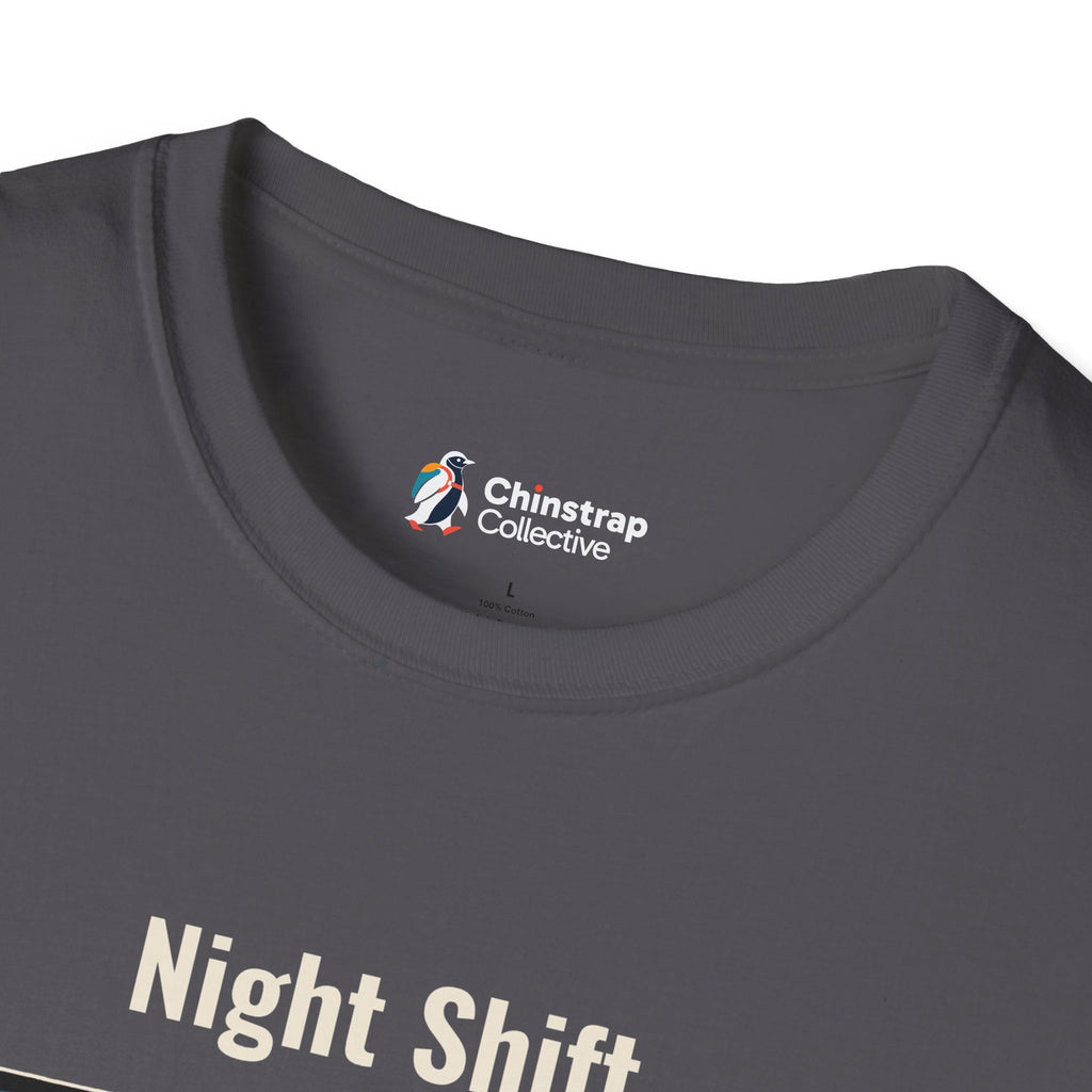 The Chinstrap Collective neck label on the Still Waddling T-shirt in Charcoal