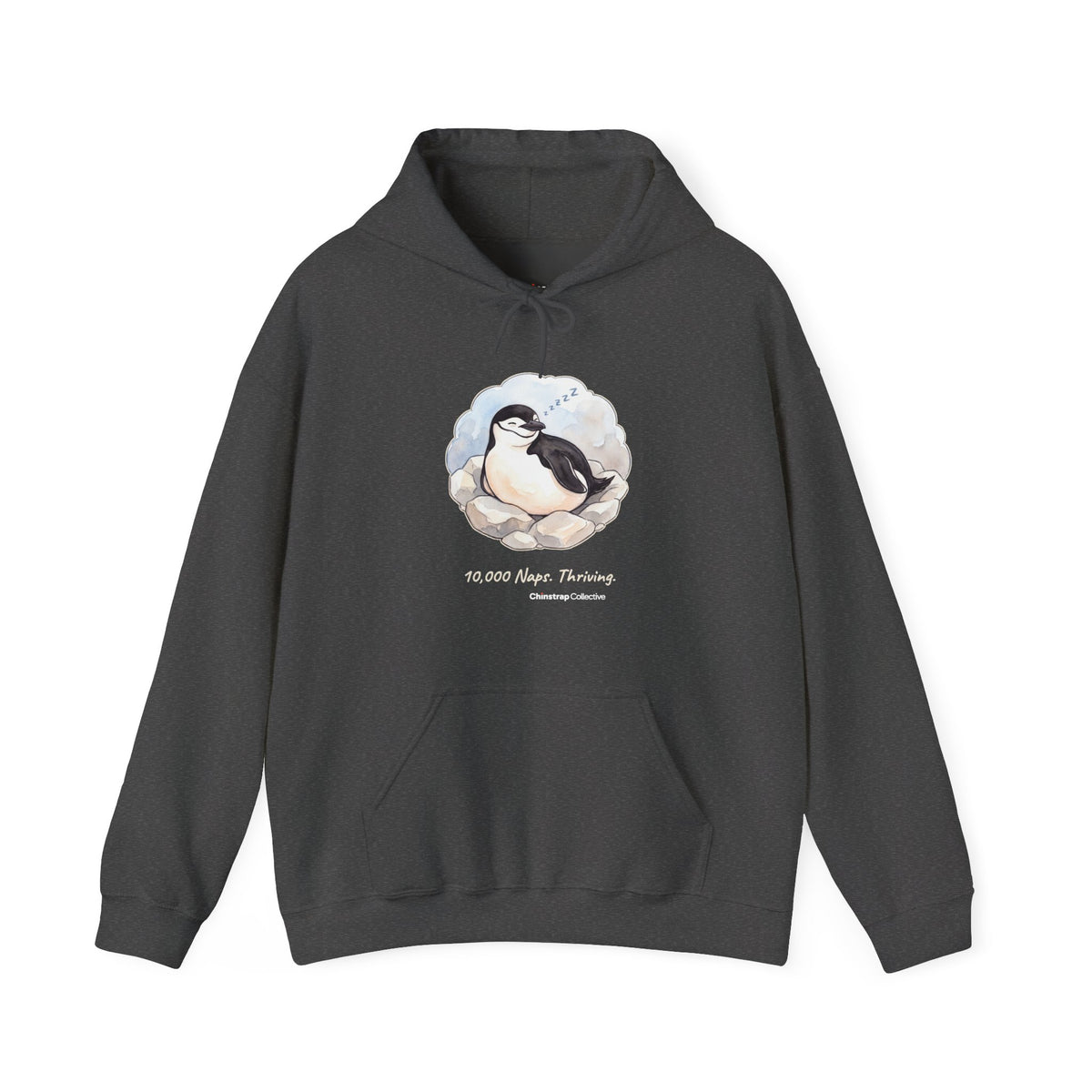 Professional Napper penguin hoodie in Dark Heather: On its rocky nest the chinstrap penguin nods off mid-blink, with a…