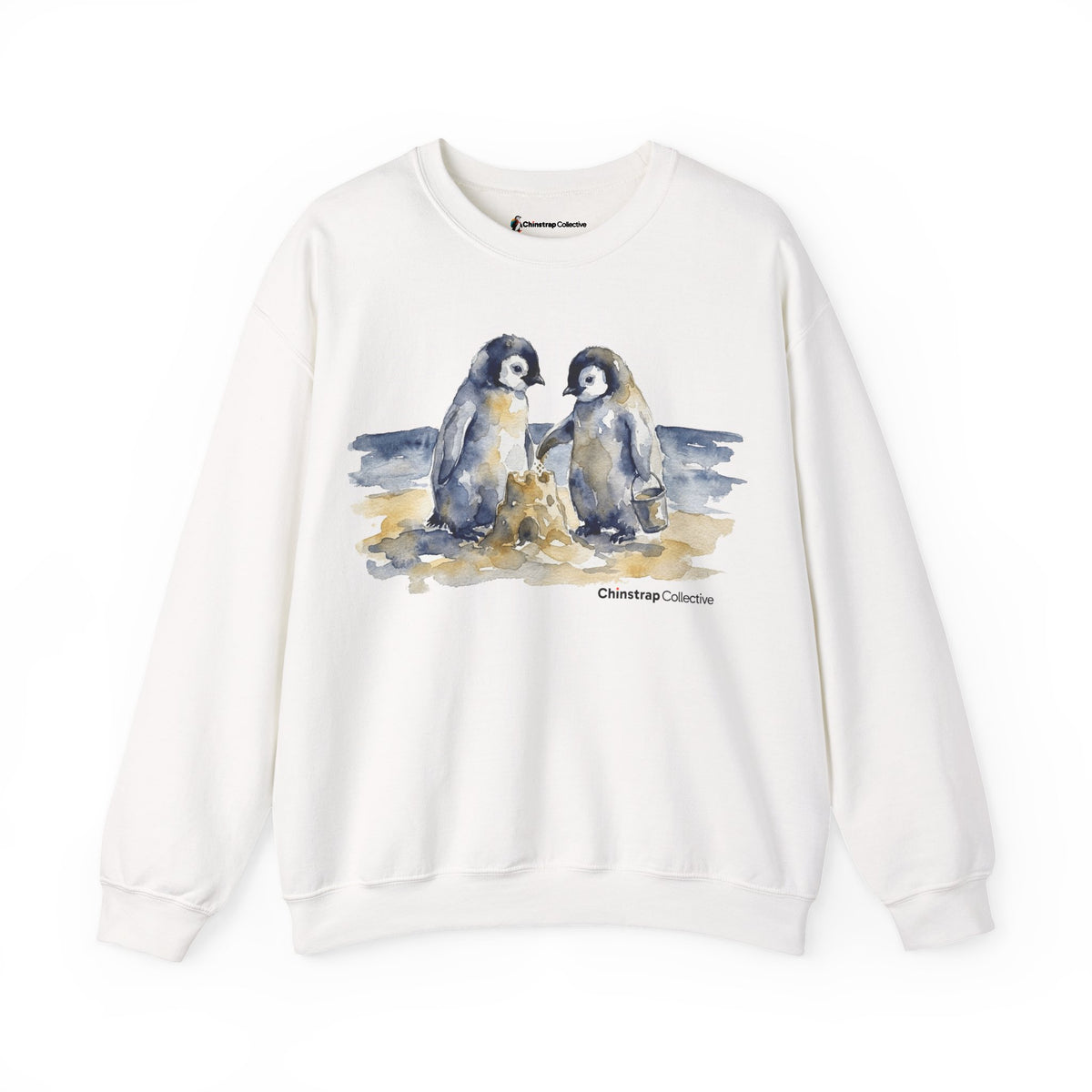 Sandcastle Penguin Chicks penguin sweatshirt in White: The front print is a soft watercolor in navy, slate grey and…