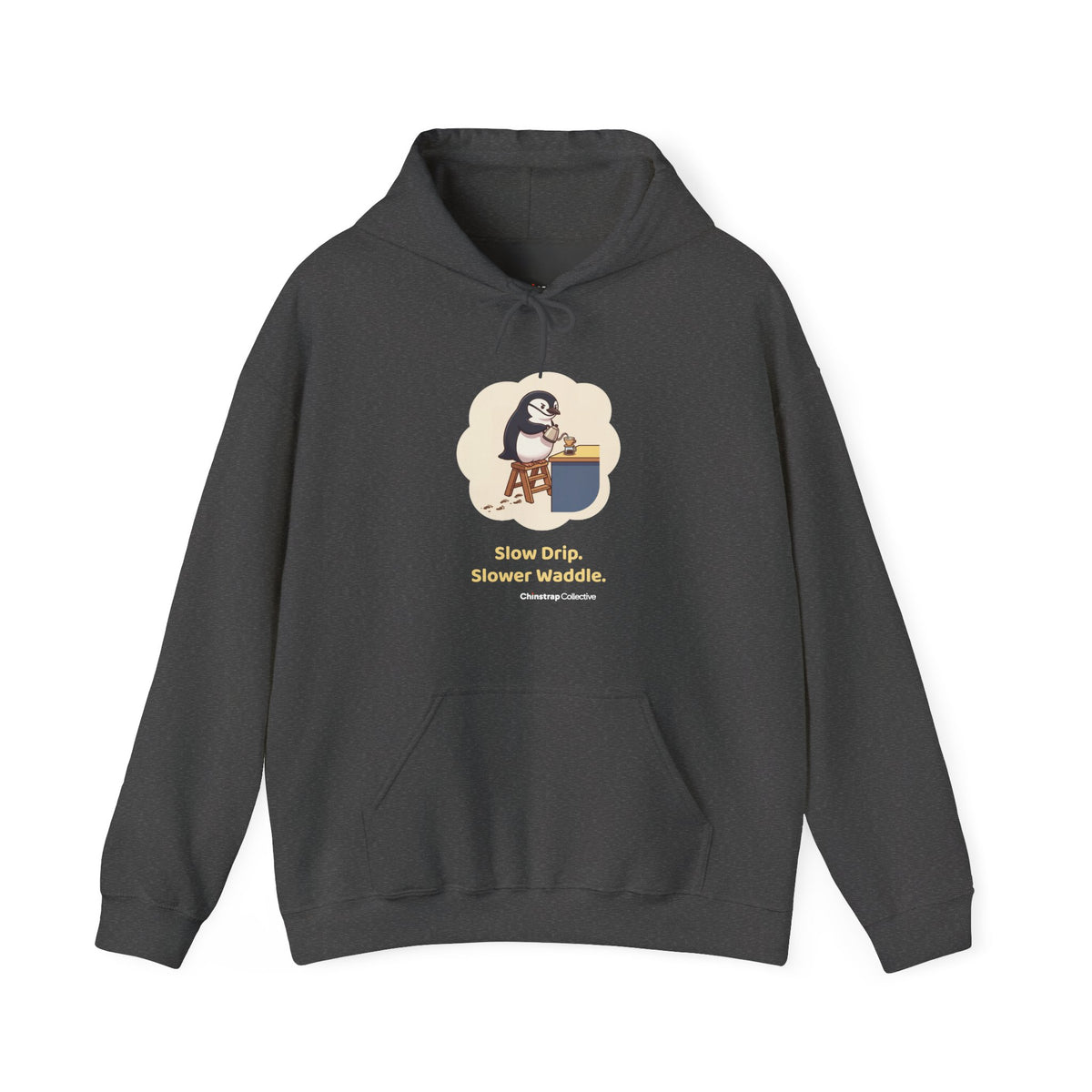 Pour-Over Patience penguin hoodie in Dark Heather: A chinstrap penguin balances