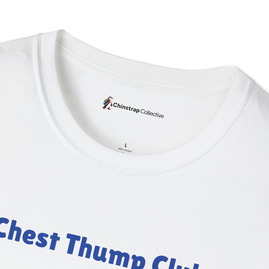 The Chinstrap Collective neck label on the Chest Thump Club T-shirt in White