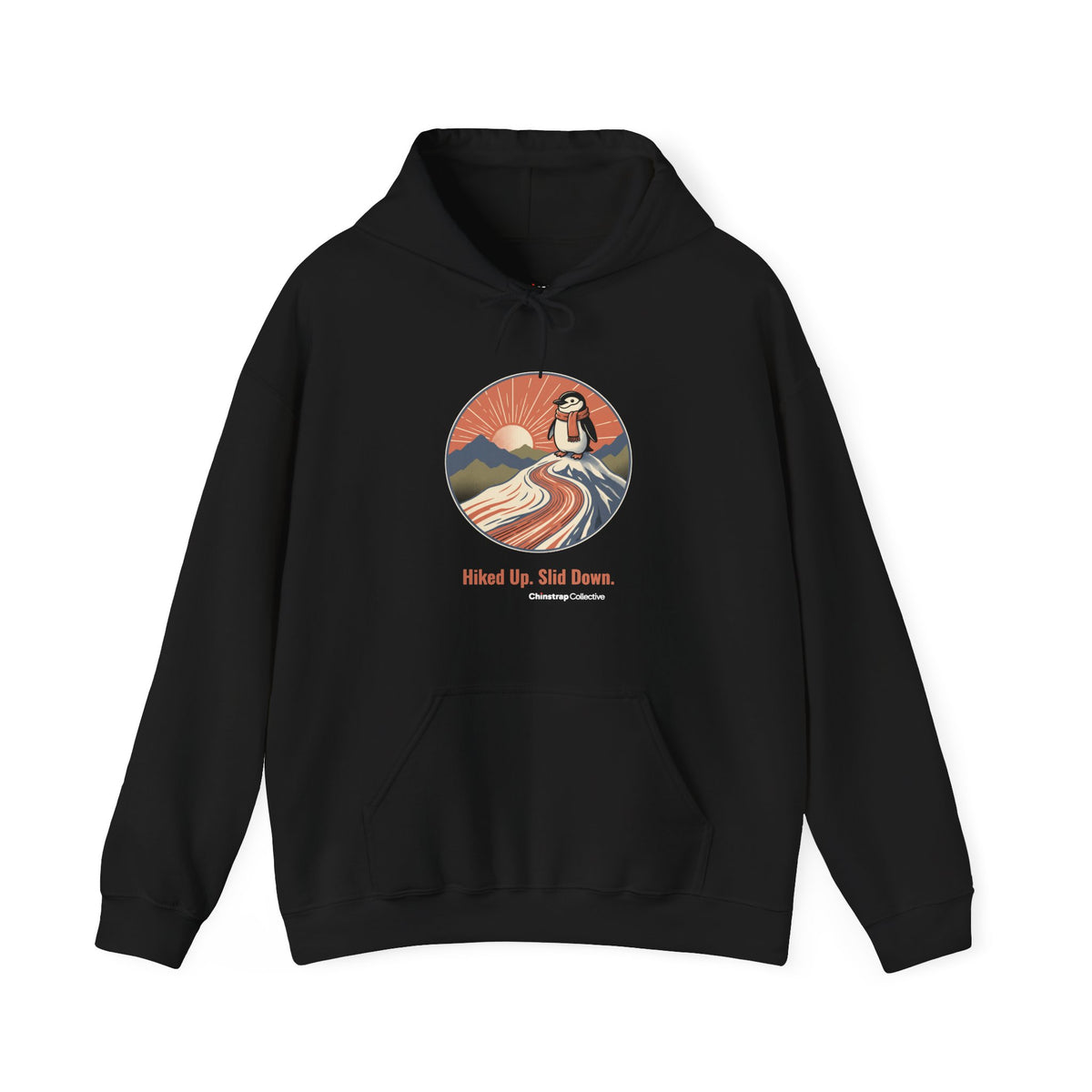 Hiked Up penguin hoodie in Black: “Hiked Up. Slid Down.” is set below the drawing in a colour matched to each hoodie,…
