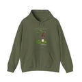 Just Hanging Around penguin hoodie in Military Green: A bat hangs upside down from a leafy tree while the penguin does a…