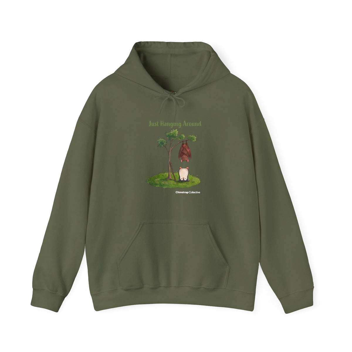 Just Hanging Around penguin hoodie in Military Green: A bat hangs upside down from a leafy tree while the penguin does a…