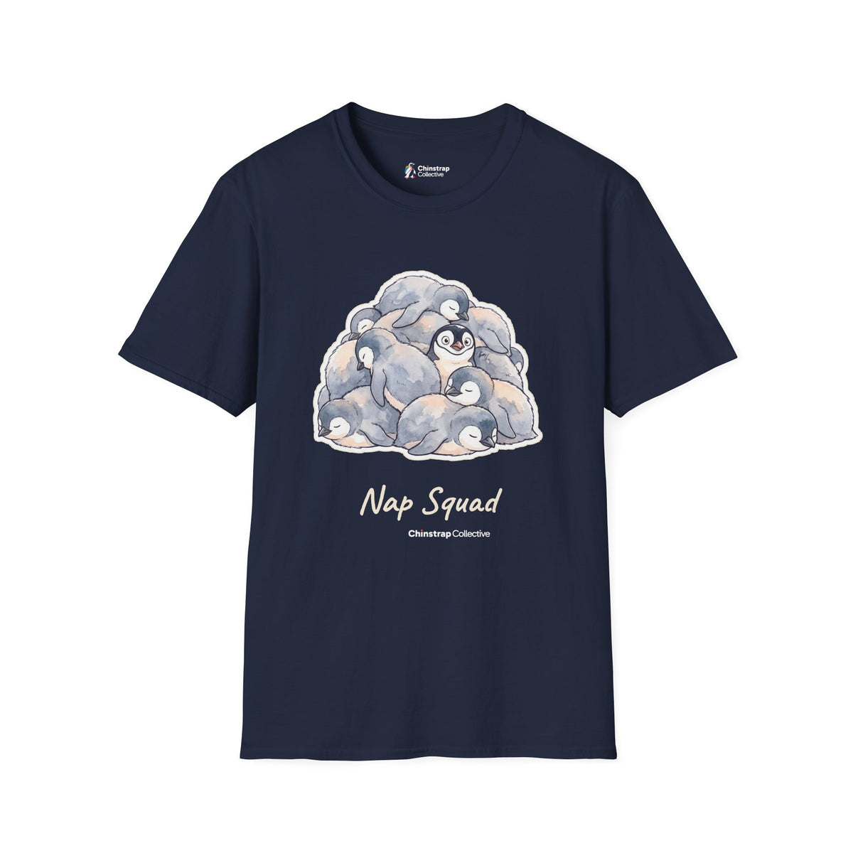 Nap Squad penguin T-shirt in Navy: A watercolour pile of sleeping grey penguin chicks with one awake in the middle, with…