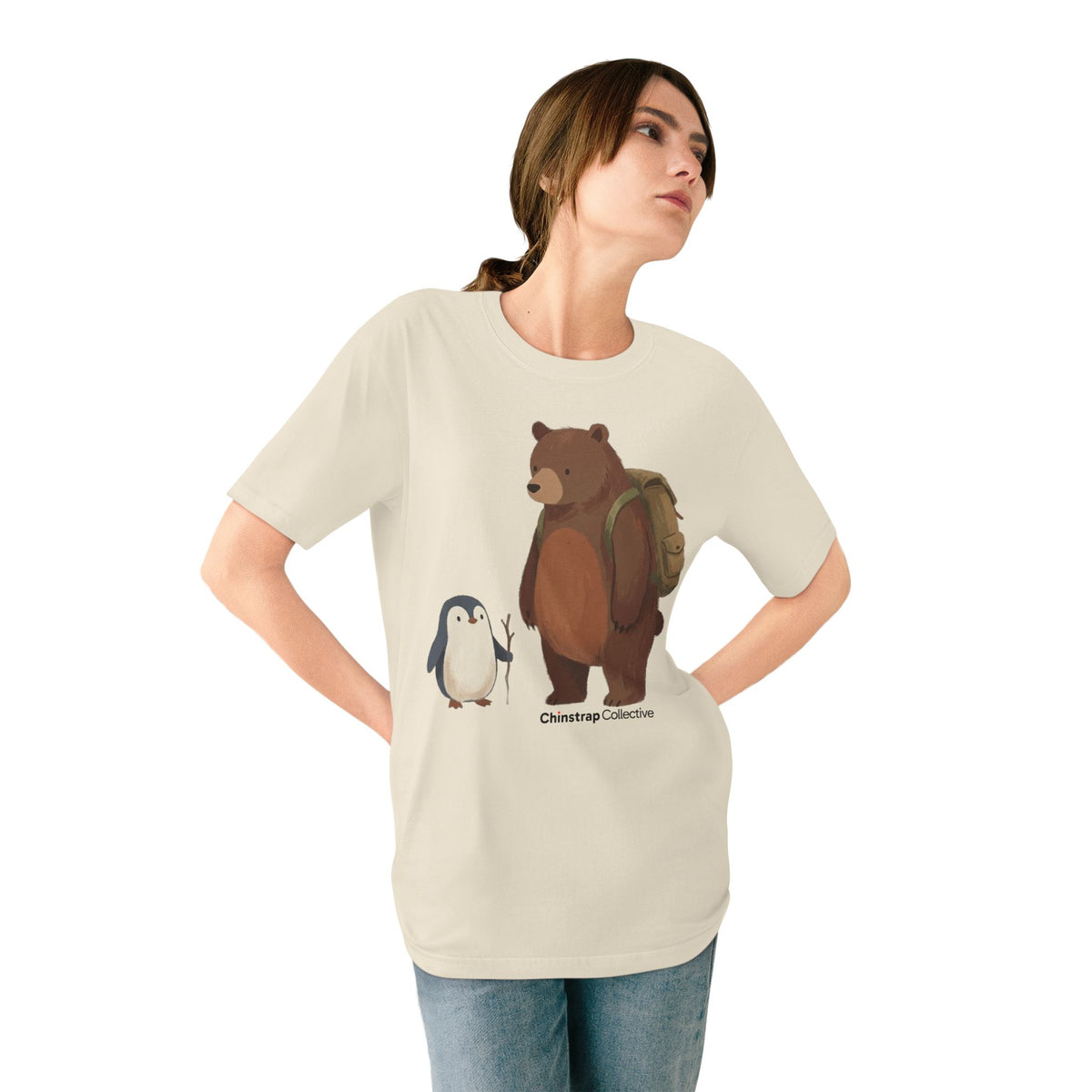 The Bear and Penguin Hike T-shirt in Natural, worn outdoors