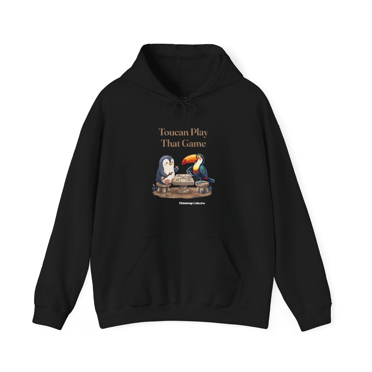 Toucan Play That Game penguin hoodie in Black: The chinstrap penguin sits across from a toucan at a stone tic-tac-toe…