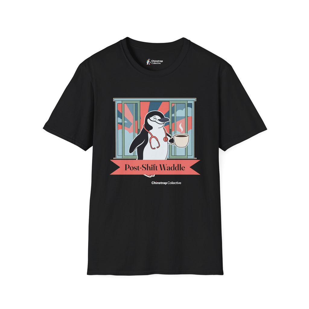 Post-Shift Waddle penguin T-shirt in Black: The art shows a chinstrap penguin waddling out through sliding glass doors at…