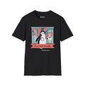 Post-Shift Waddle penguin T-shirt in Black: The art shows a chinstrap penguin waddling out through sliding glass doors at…