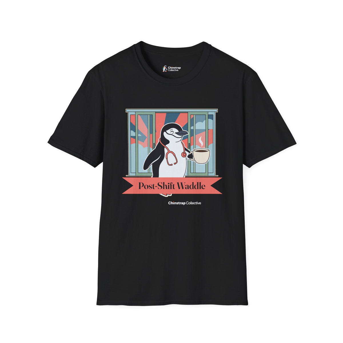 Post-Shift Waddle penguin T-shirt in Black: The art shows a chinstrap penguin waddling out through sliding glass doors at…