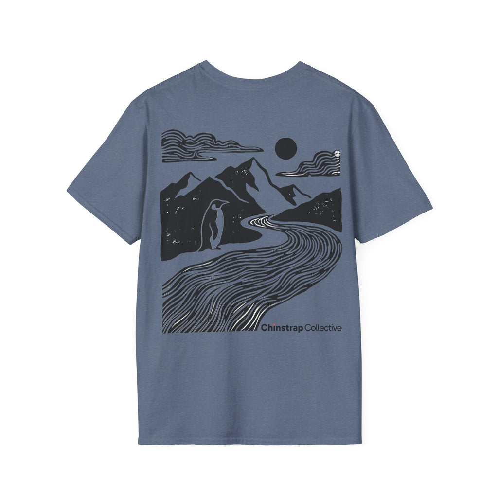 Penguin Mountain River T-Shirt, Linocut Style, Lightweight Fabric
