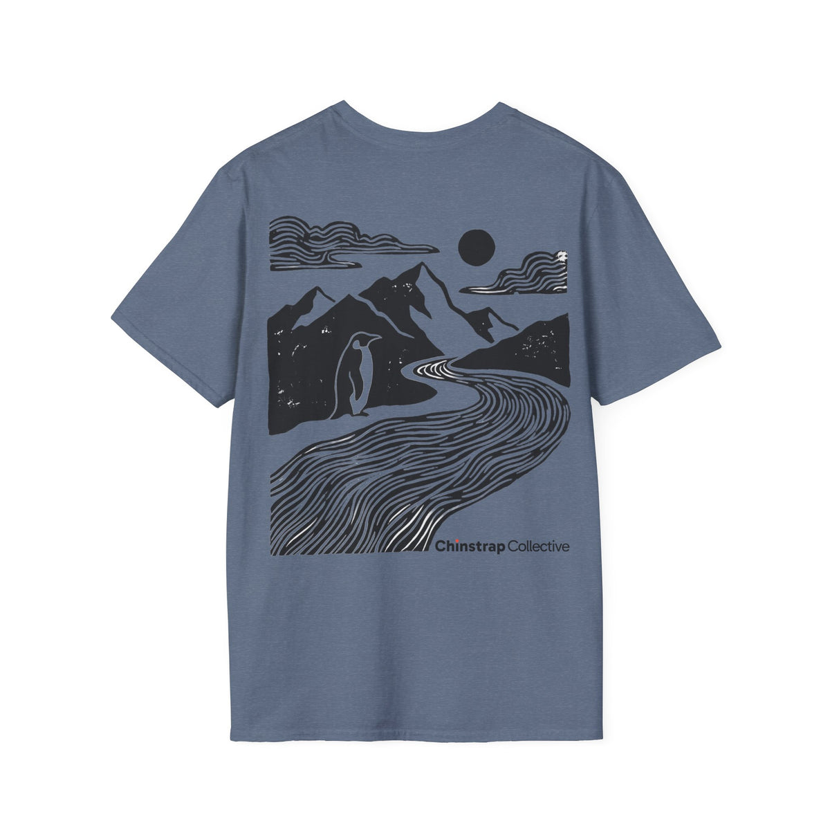 Penguin Mountain River T-Shirt, Linocut Style, Lightweight Fabric