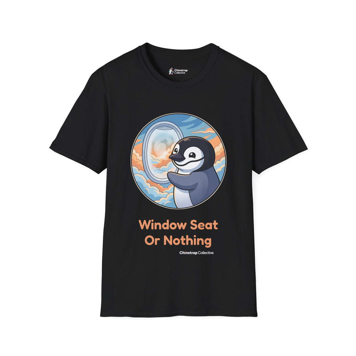 Window Seat penguin T-shirt in Black: A cartoon chinstrap penguin beside a round airplane window full of peach and blue…