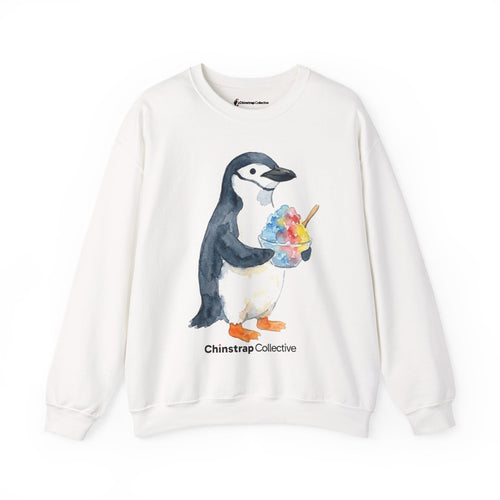 Chinstrap Shaved Ice penguin sweatshirt in White: The front print is a loose watercolor of a chinstrap penguin with its…