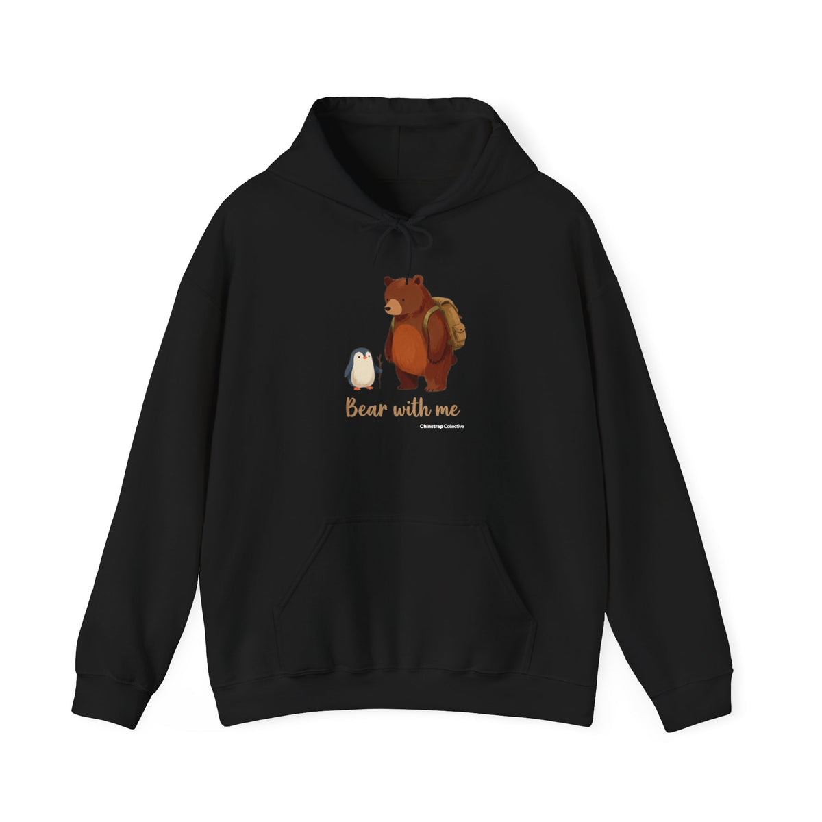 Bear With Me penguin hoodie in Black: A small penguin with a walking stick stands beside a big brown bear wearing a…