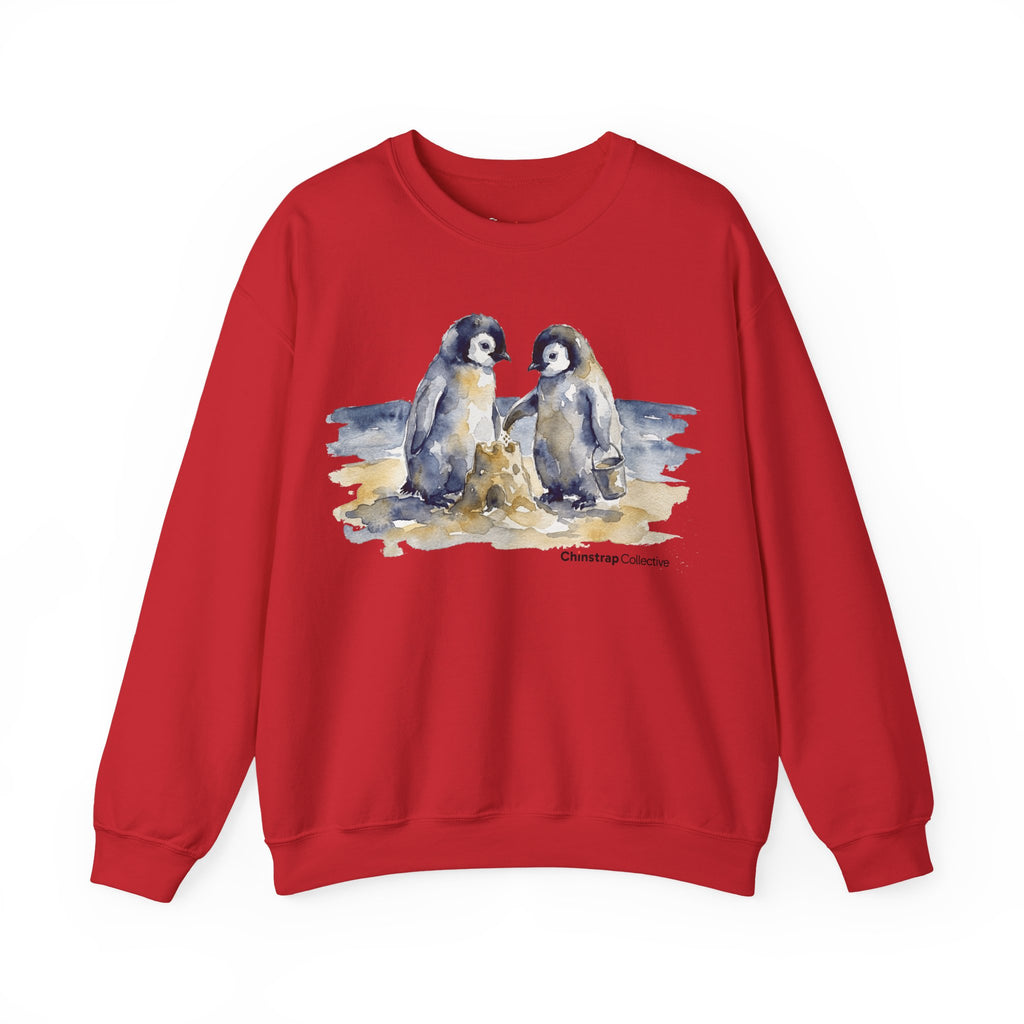 Sandcastle Penguin Chicks penguin sweatshirt in Red: The front print is a soft watercolor in navy, slate grey and golden…