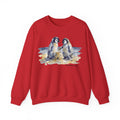 Sandcastle Penguin Chicks penguin sweatshirt in Red: The front print is a soft watercolor in navy, slate grey and golden…