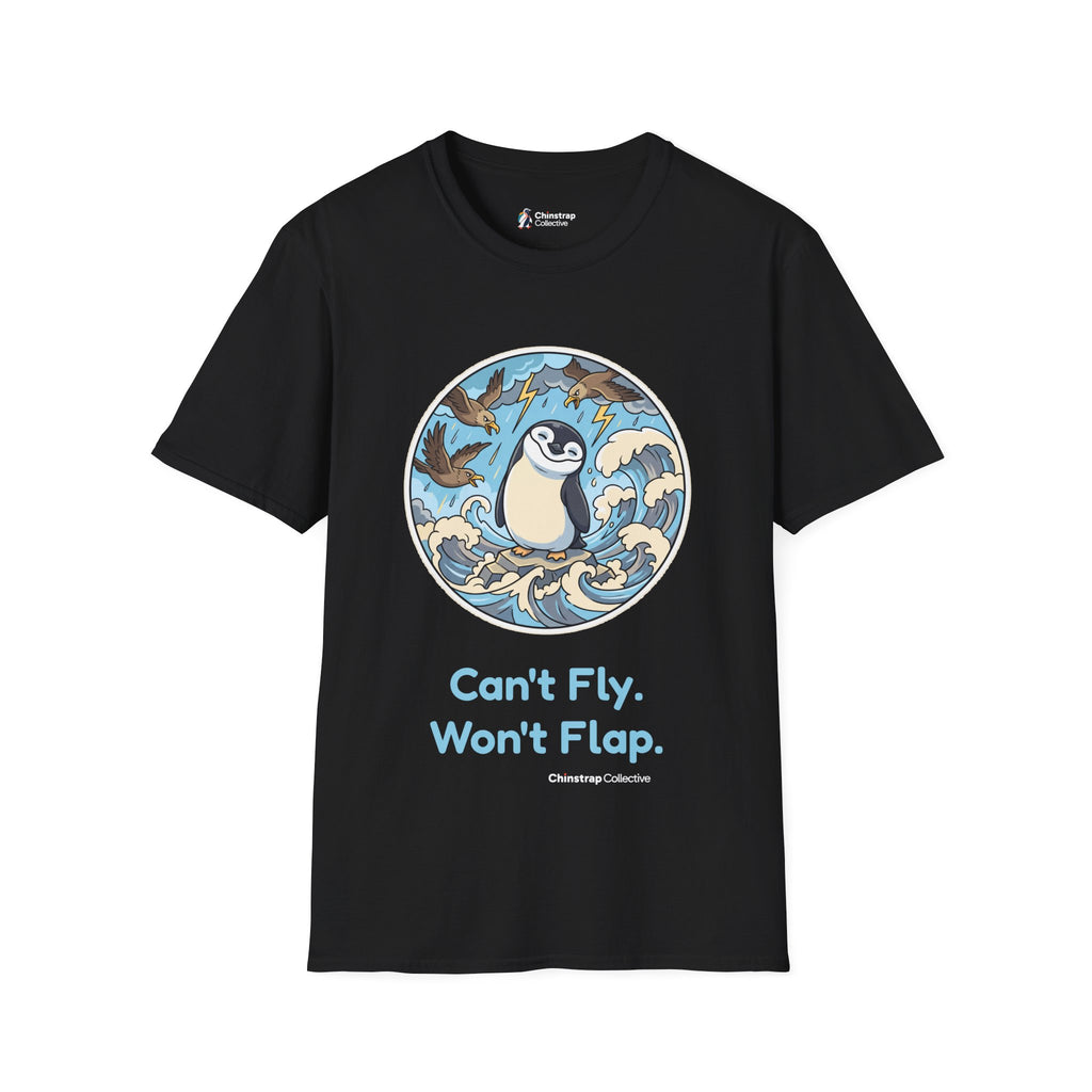 Unflappable penguin T-shirt in Black: A cartoon penguin standing calmly
