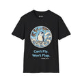 Unflappable penguin T-shirt in Black: A cartoon penguin standing calmly