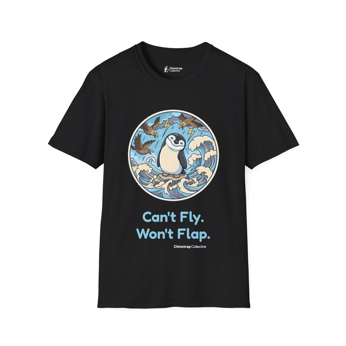 Unflappable penguin T-shirt in Black: A cartoon penguin standing calmly