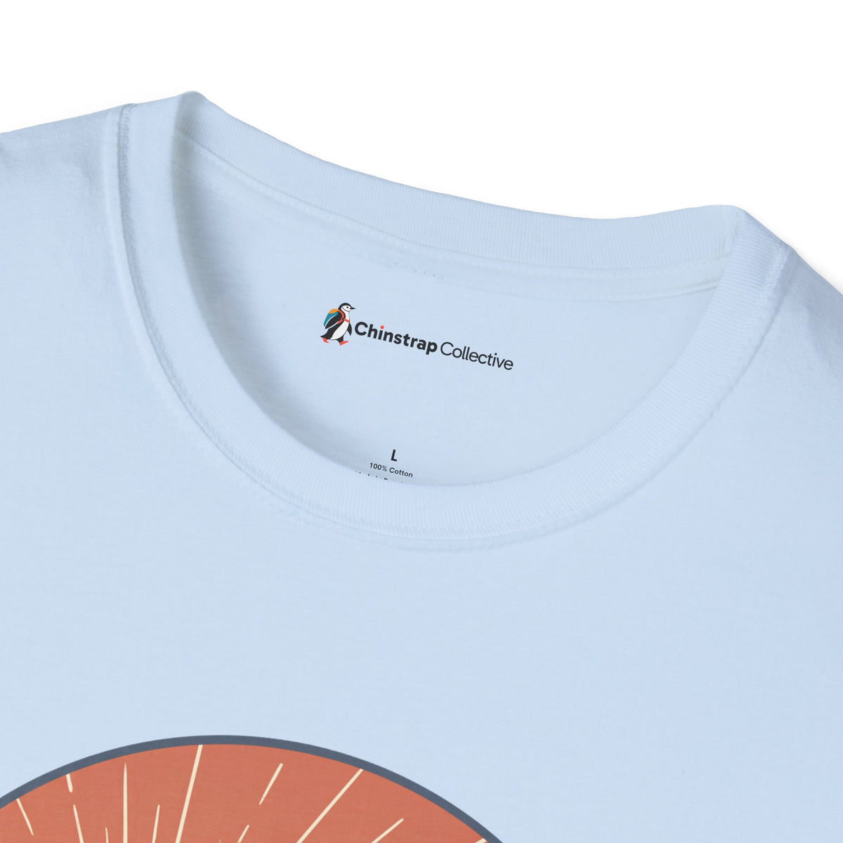 The Chinstrap Collective neck label on the Hiked Up T-shirt in Light Blue