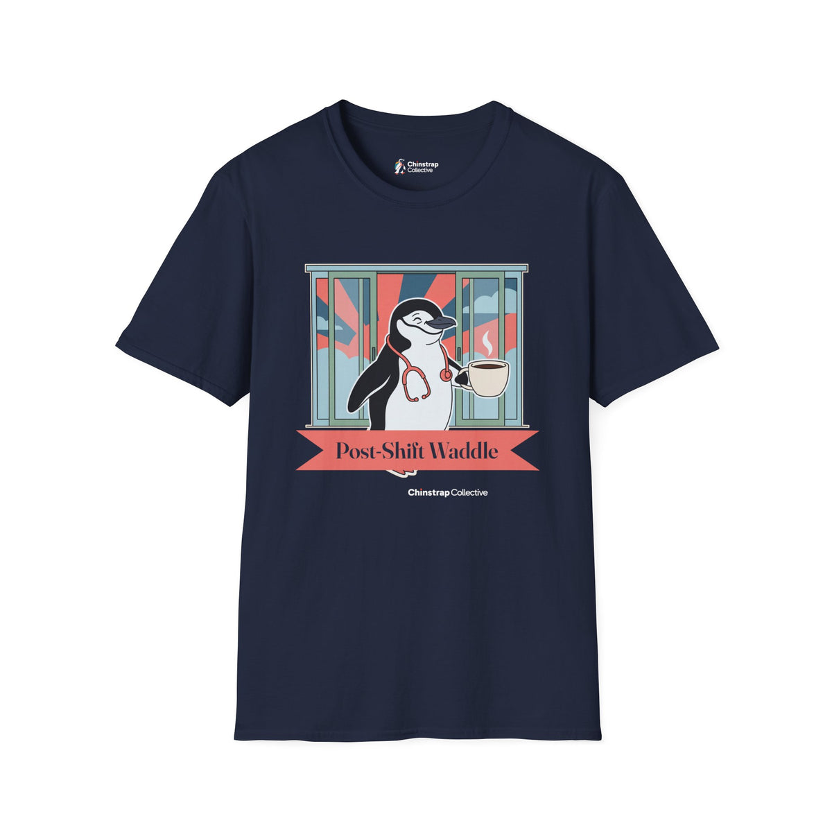 Post-Shift Waddle penguin T-shirt in Navy: The art shows a chinstrap penguin waddling out through sliding glass doors at…