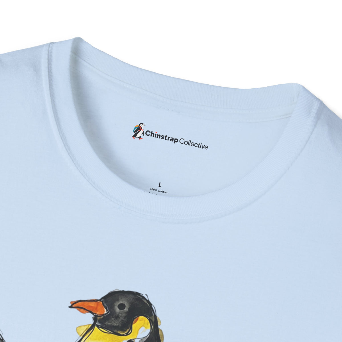 The Chinstrap Collective neck label on the Onigiri Penguin Trio T-shirt in Light Blue