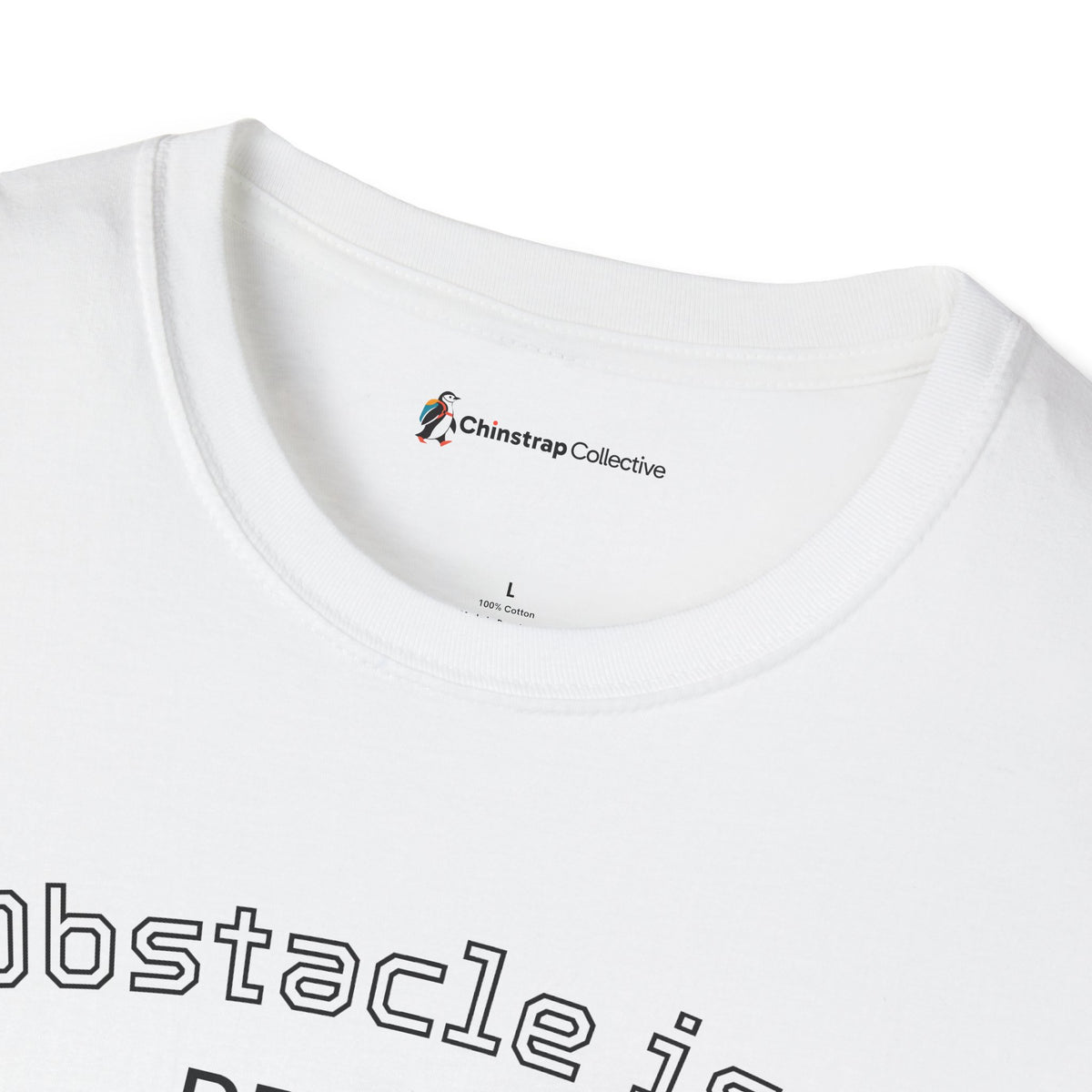 The Chinstrap Collective neck label on the Penguin Wisdom T-shirt in White