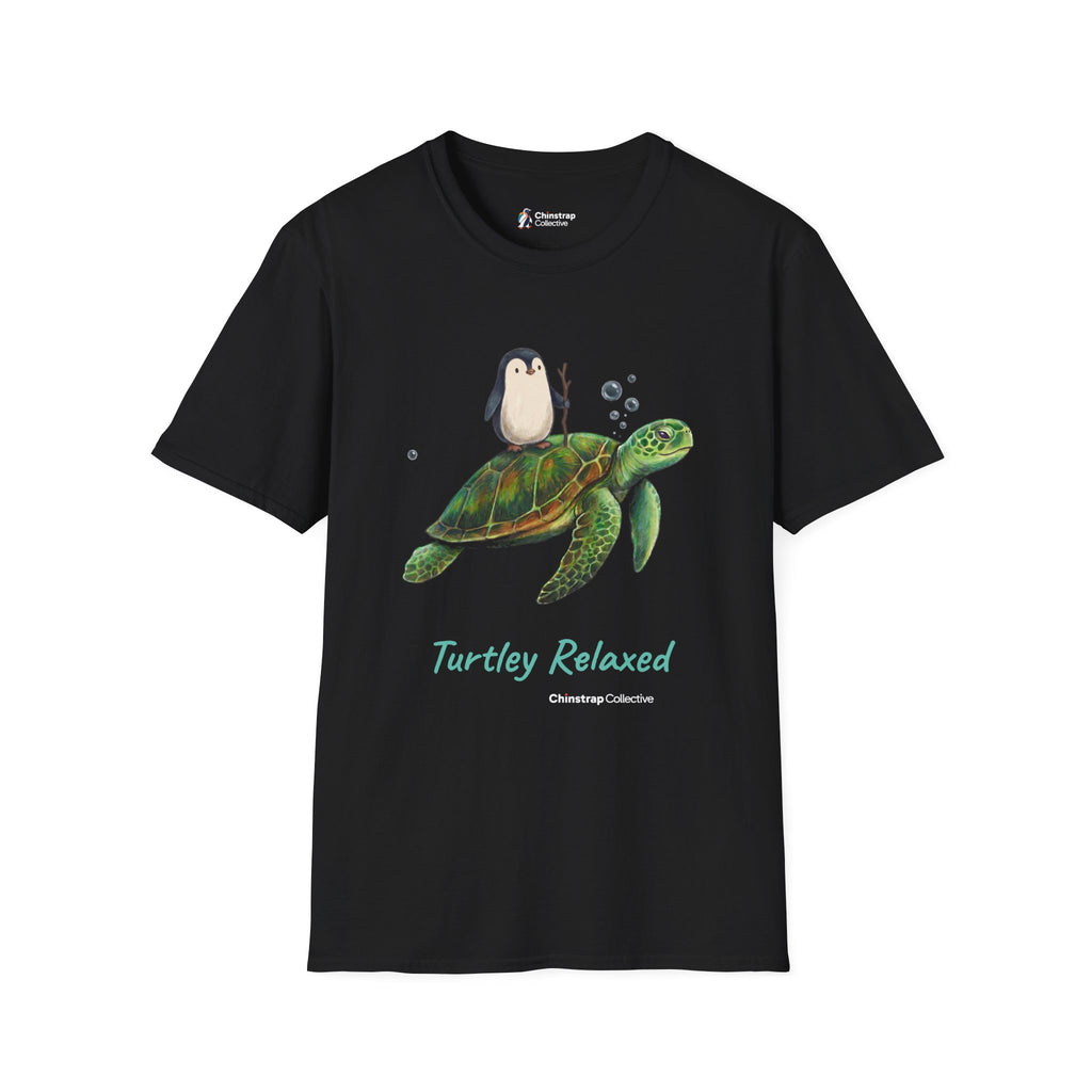 Turtley Relaxed penguin T-shirt in Black: His painting printed as he made it: the penguin, a walking stick in its…
