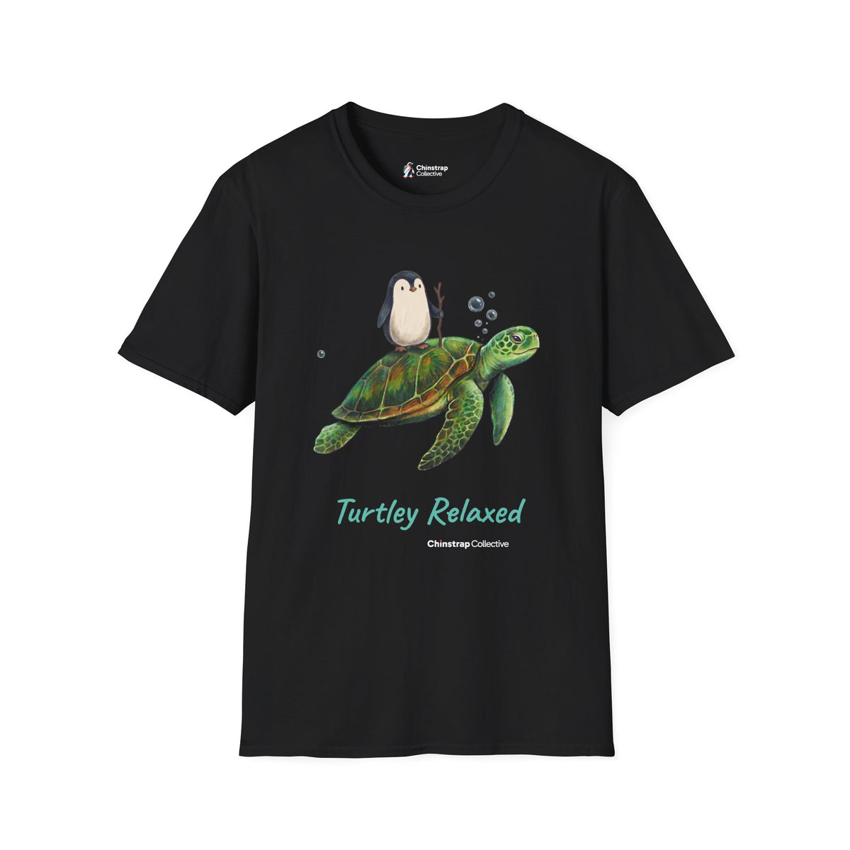 Turtley Relaxed penguin T-shirt in Black: His painting printed as he made it: the penguin, a walking stick in its…
