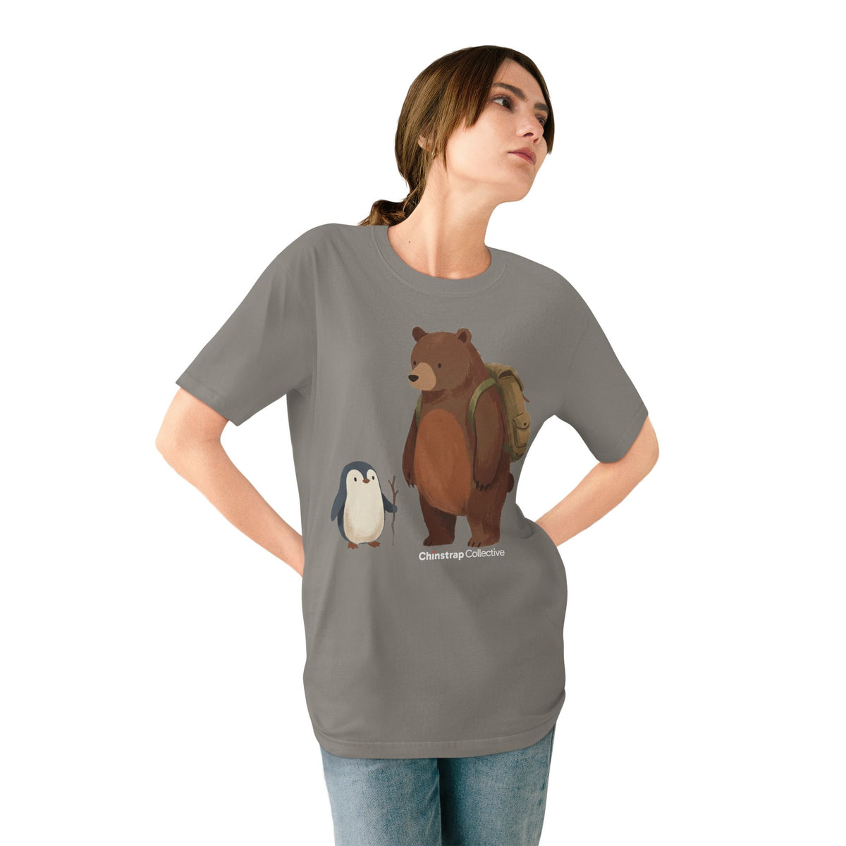 The Bear and Penguin Hike T-shirt in Granite, worn outdoors