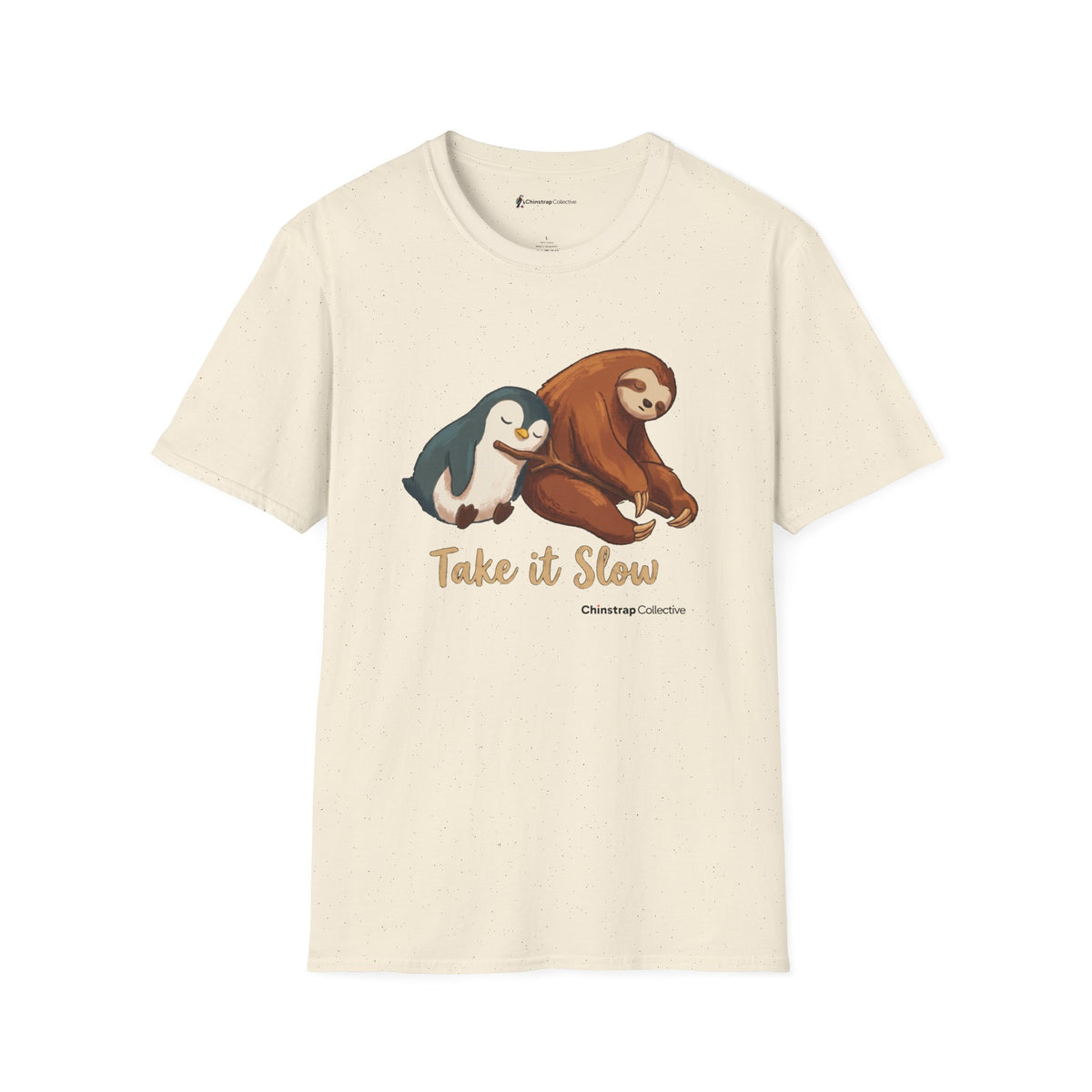 Take It Slow penguin T-shirt in Natural: The penguin and a sloth doze off leaning against each other, sharing one walking…