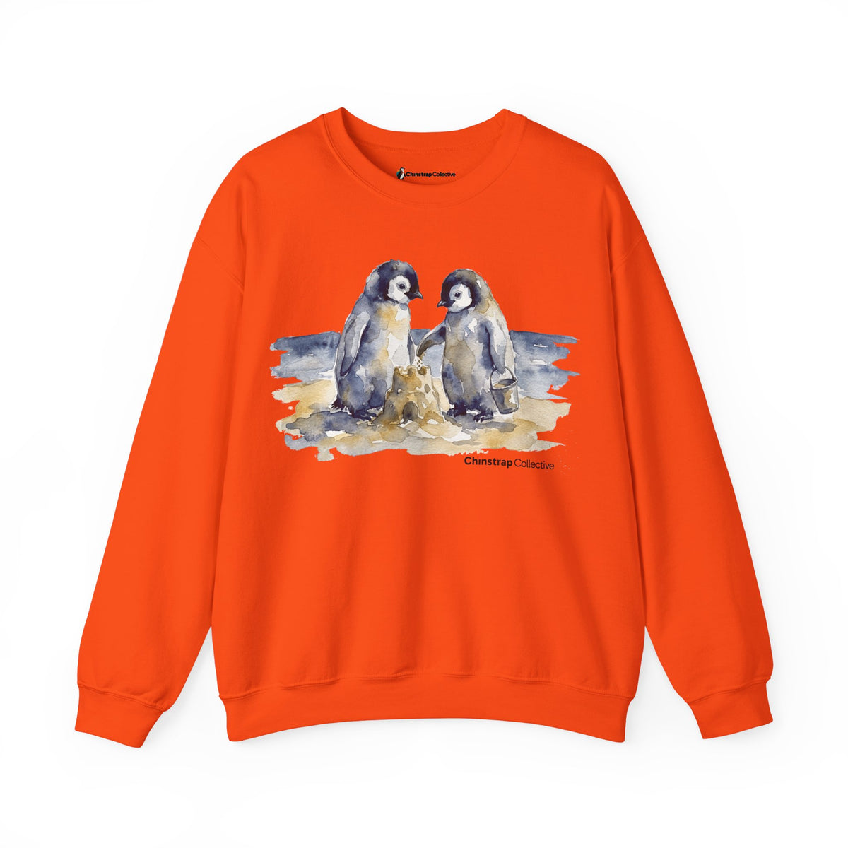 Sandcastle Penguin Chicks penguin sweatshirt in Orange: The front print is a soft watercolor in navy, slate grey and…