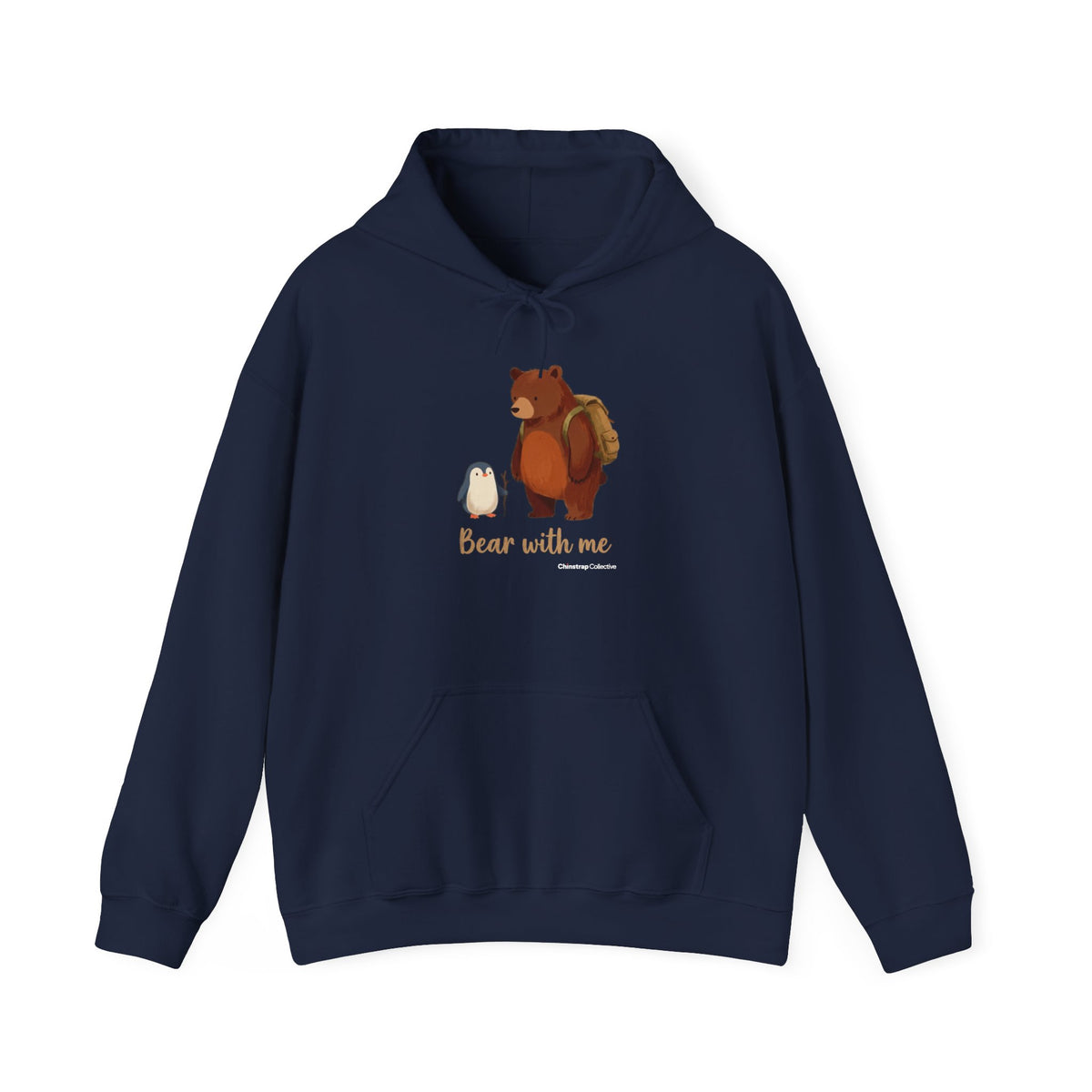 Bear With Me penguin hoodie in Navy: A small penguin with a walking stick stands beside a big brown bear wearing a hiking…