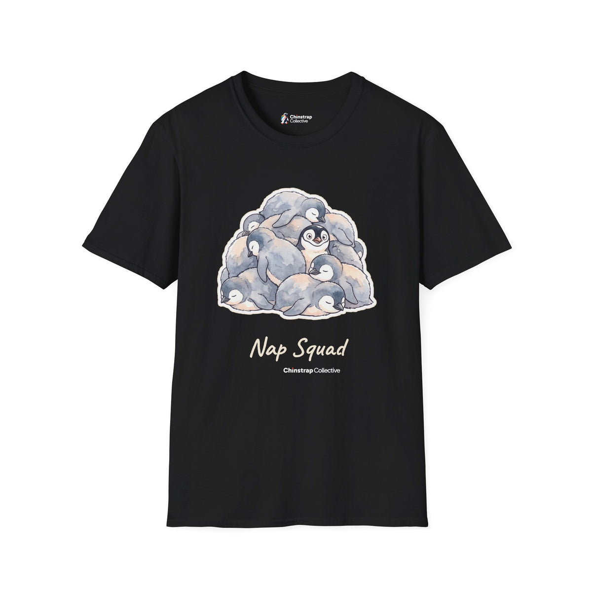 Nap Squad penguin T-shirt in Black: A watercolour pile of sleeping grey penguin chicks with one awake in the middle, with…